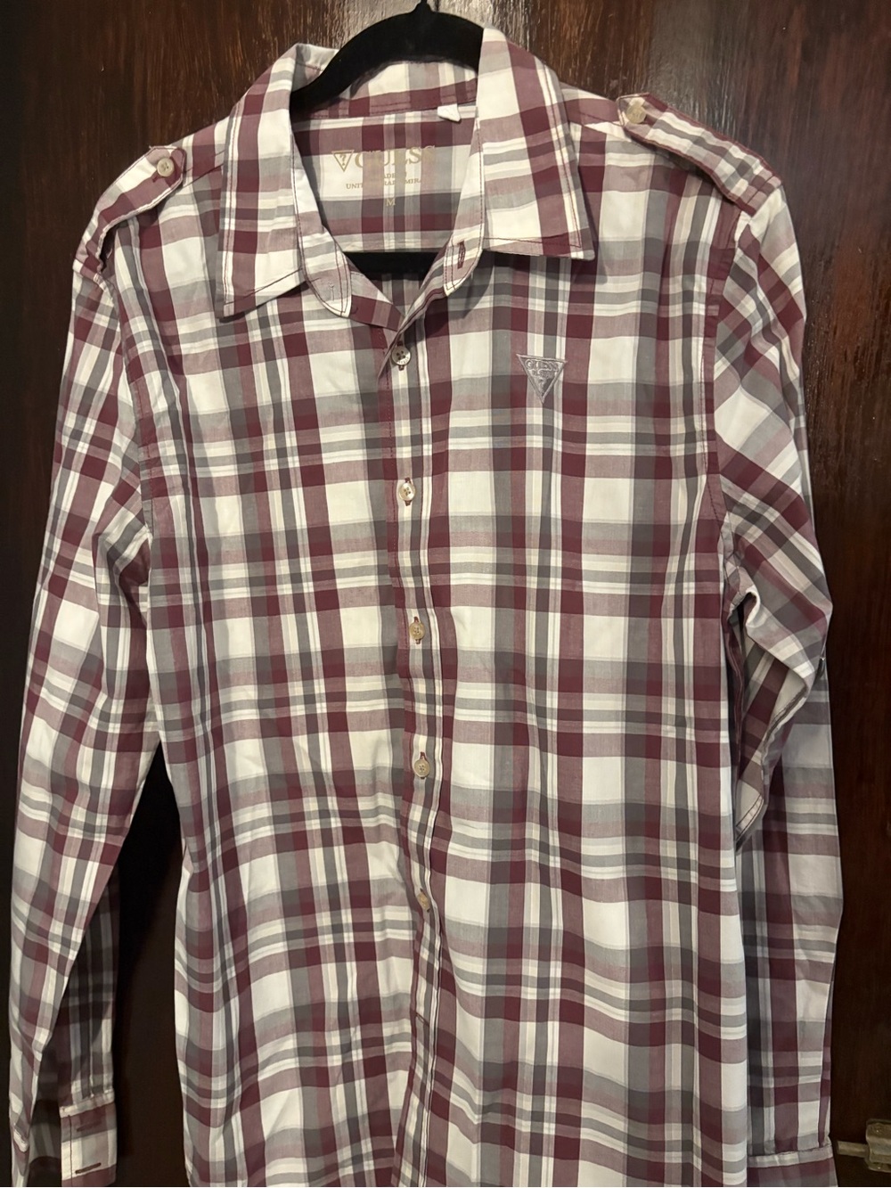 Bundle 3 for $15. Guess Men's Burgundy and White Plaid Button-Down Shirt
